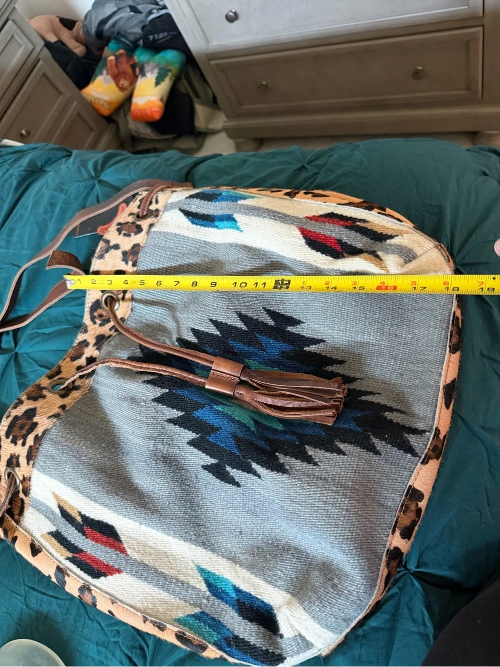 American Darling Blue and Teal Southwestern Shoulder Bag with Leopard Trim